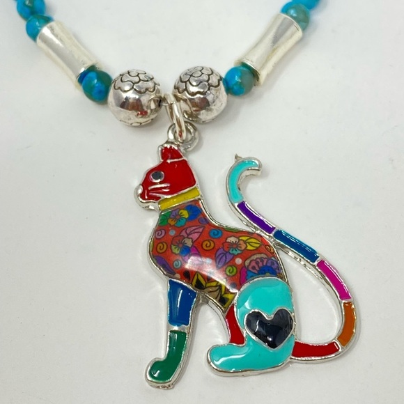 Regal colorful sculptured enameled cat necklace with agate 19 inches - Picture 4 of 6